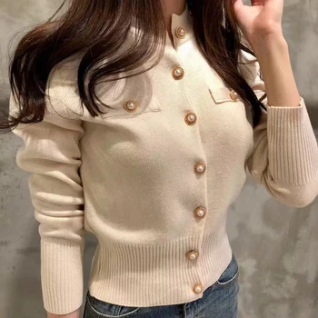 2026 Herbst Langarm-Mode Damen Strickjacken Pullover Strickmantel Kurz Lässig Einreihig Koreanisch Schmal