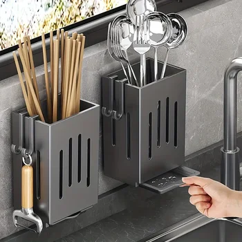 Wand-montiert Essstäbchen Halter Haushalt Küche Waschbecken Geschirr Lagerung Rack Punch-freies (2 Stück)