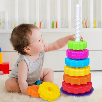 Montessori Rotierenden Regenbogen Turm Baby Stapeln Puzzle Spielzeug Kinder Entwickeln Motor Fähigkeiten Spiel