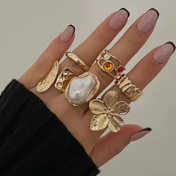 Ingemark Unregelmäßige Übertriebene Metall Blume Offene Ringe Frauen Elegante Barock Imitation Perle Ring