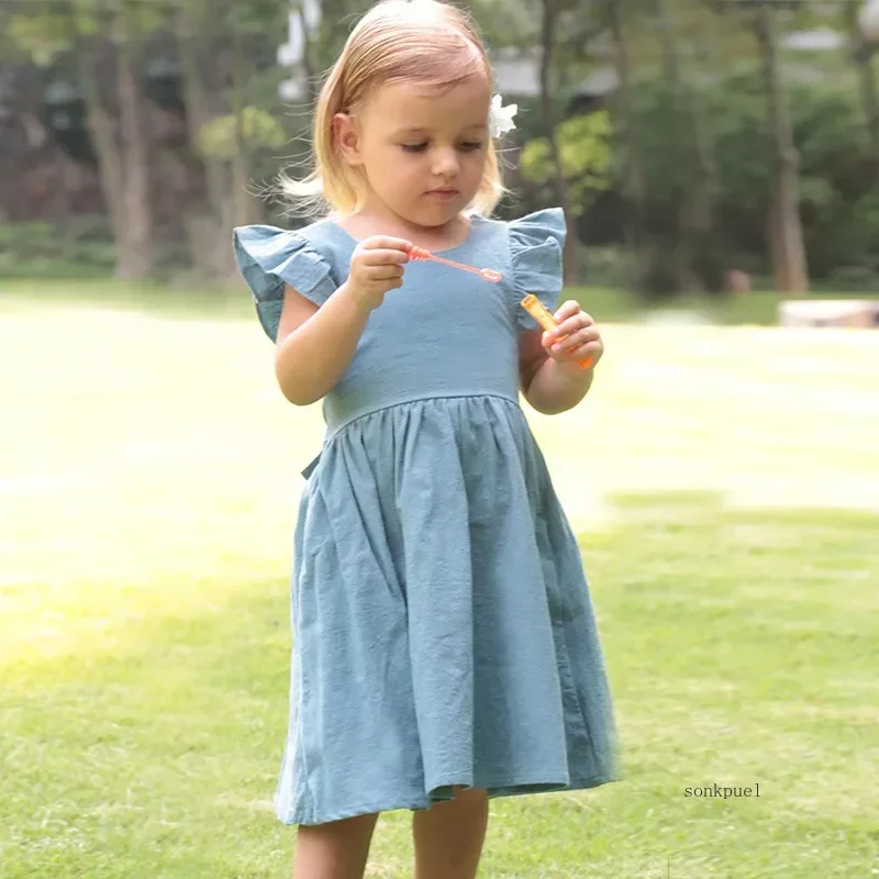 Sommer Säuglings mädchen Kleid fliegende Ärmel Baumwolle – Bild 4