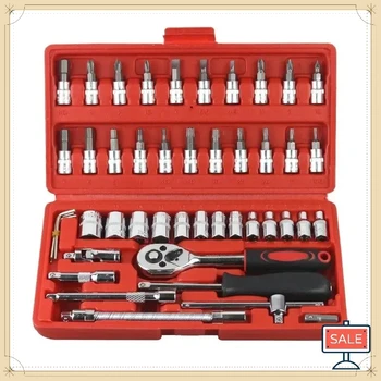 Auto-Wartungs-Werkzeugset 1/4-Zoll-Steckschlüssel-Ratsche-Drehmomentschlüssel-Hebelwerkzeug-Kombina (46 Stück)