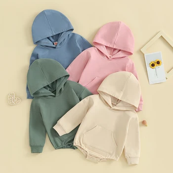 0-24 Monate Baby Kapuze Stram pler Langarm Vorder tasche einfarbig Bodysuit für Neugeborene Jungen und Mädchen