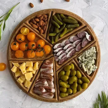 Geteiltes Holz-Serviertablett, Snack-Dessert-Teller, Obst-Vorspeisen-Servierplatte, Servierplatte, rund