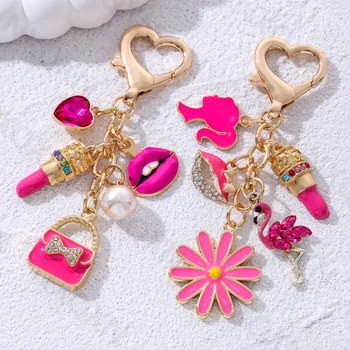 Hübsche Rose Red Bag Lips Flamingos Lippenstift Emaille Schlüsselanhänger Schönes Herz Tiere Schlüsselanhänger