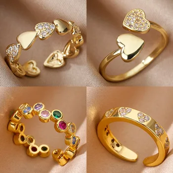 Zirkon Geometrische Herzringe für Damen, Edelstahl, Goldfarben, Ehering, Luxuriöser, ästhetischer Schmuck