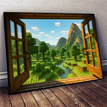Block Pixel Videospiel Fenster Landschaft Stil Leinwand Poster Malerei Druck Wand Kunst Bild für Wohnzimmer