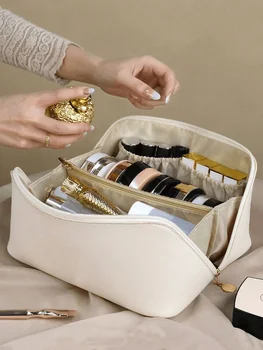 Große Reise-Kosmetiktasche für Frauen, Leder, Make-up-Organizer, weibliche Kulturbeutel, Taschen