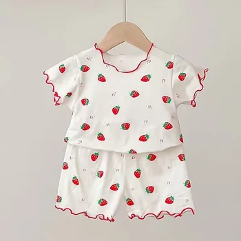Erdbeer-Pyjama-Set für Babymädchen, Sommer, kurzärmelig, dünn, zweiteilig, Kleinkinder-Schlafanzug