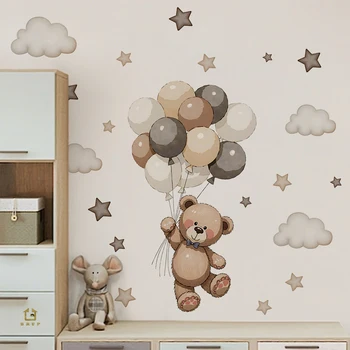 Entzückende Teddybär-Wandaufkleber, abnehmbare Dekoration mit Luftballons, Sterne und Wolken für Kinderzimmer