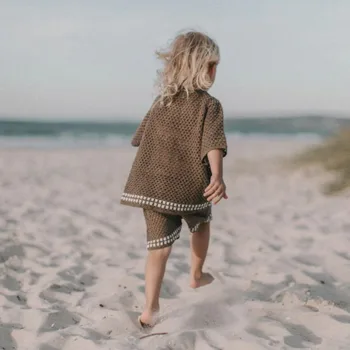 Sommer-Babykleidung, ausgehöhlter Strickpullover mit Umlegekragen, Strickjacke, Shorts-Set, Baby-Pullover