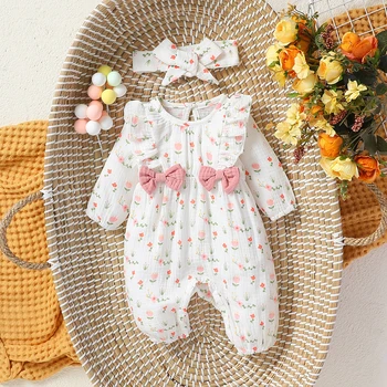 Baby-Mädchen-Overall für alle Jahreszeiten, langärmelig, mit Blumenmuster und Schleife, täglicher Overall