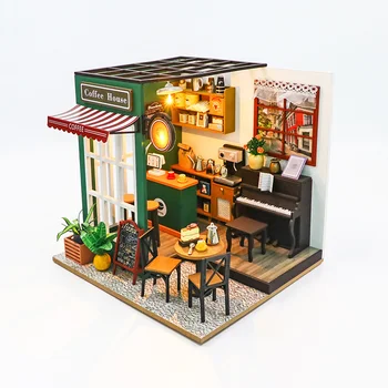 DIY 3D-Puzzle Holzspielzeug Miniatur-Puppenhaus Handgefertigtes Puppenhaus-Modellbausatz Kaffeehaus-Spielzeug