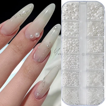 12 Gitter gemischte weiße Perle Nagel Charms 3D Runde/Halbkreis Perlen Nail Art Strass Maniküre Zubehör DIY