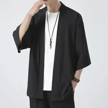 Japanische Kimono-Hemden für Herren, lässig, offener Stich, leicht, Yukata, modisch, schwarze Strickjacke