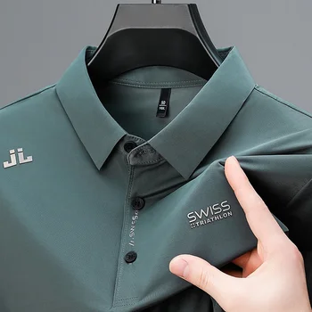 Herren-Business-Casual-Kurzarmhemd mit Abzeichen, einfarbiges Poloshirt, modisches, atmungsaktives, bequemes