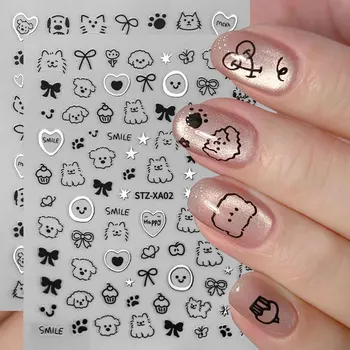 3D süße silberne Lächeln Hund Aufkleber Y2K Cartoon Katze Fußabdruck Nagelaufkleber Graffiti Stern (2 Stück)