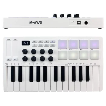 M-vave SMK-25 25-Tasten Kabelloses / USB MIDI Keyboard-Controller mit 8 Beleuchteten Drum-Pads, 8 Drehreglern