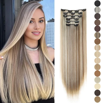 Synthetische 24 Zoll 16 Clips in Haarverlängerungen Lange glatte Frisur Blond Schwarz Haarteile