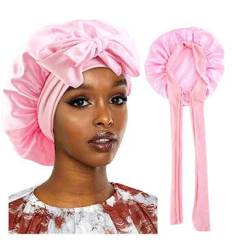 Satin Schlafmütze Für Frauen Feste Breite Band Stretch Kopf Krawatte Seidige Motorhaube Rand Wrap