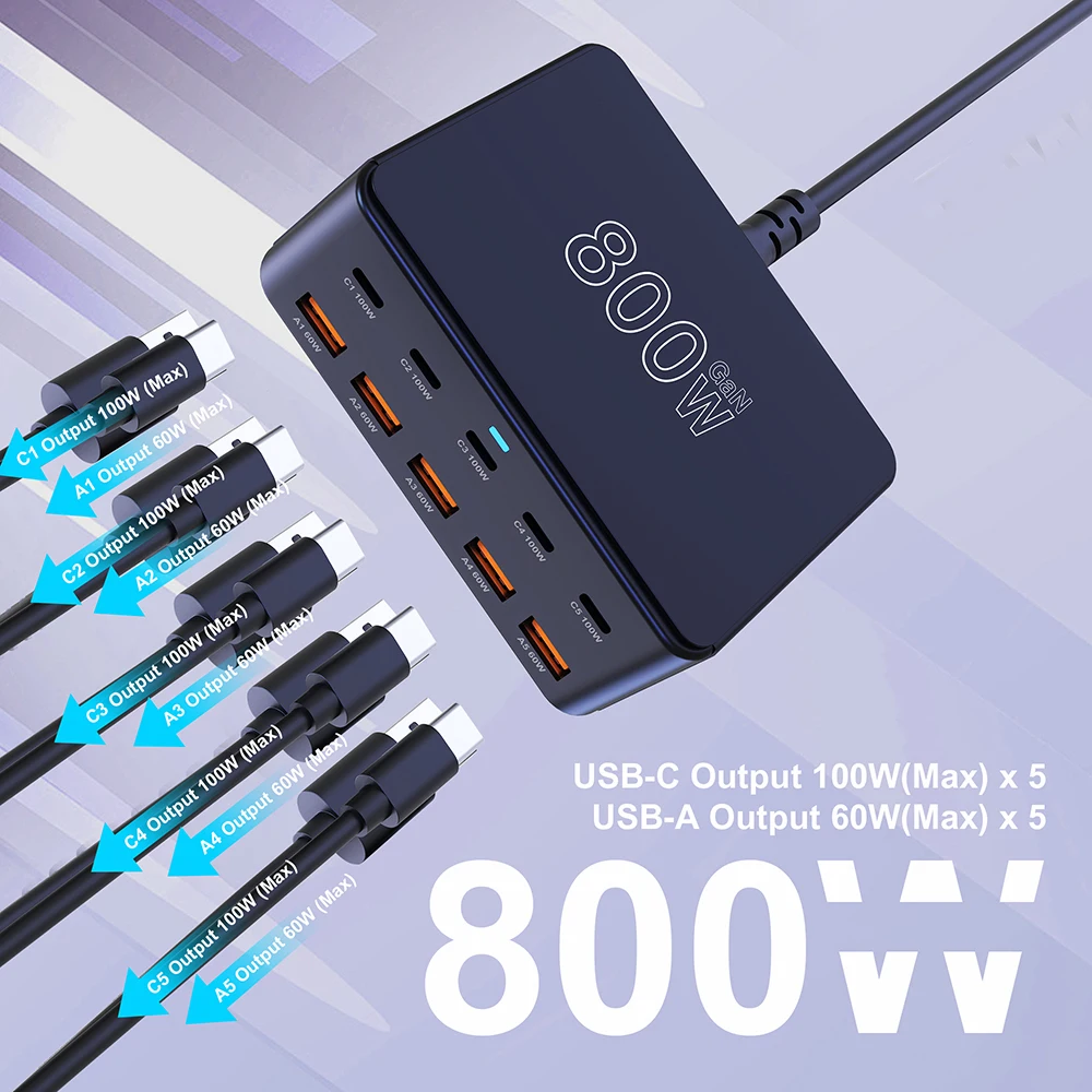GaN USB-C Multiport-Ladestation 800 W, 100 W PD 3.0, PPS, QC – Bild 4