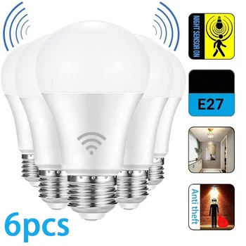 Radar-Bewegungsmelder-Glühbirne, 220 V, 110 V, E27, LED-Lampe, intelligente Infrarot-Glühbirne, 6 W (6 Stück)