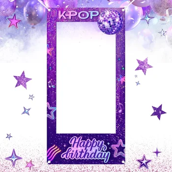 Lila K-POP Fotorahmen-Hintergrund mit Happy Birthday Muster aus Polyester für K-POP Themen-Geburtstagsfeiern