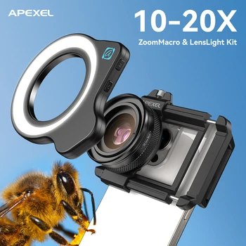 APEXEL 10-20X Zoom Makroobjektiv HD Micro Phone Kamera Linsen mit LED-Fülllicht für iPhone Samsung alle
