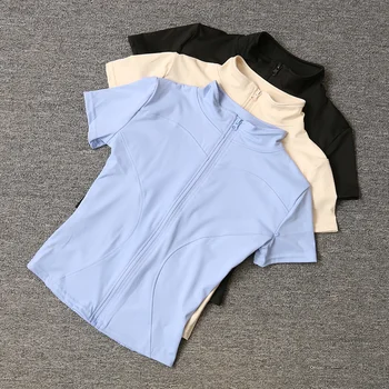 Sommer Taille Abnehmen Training Tops frauen Schnell trocknend Engen Stehkragen Voll Zipper Kurzen Ärmeln Yoga