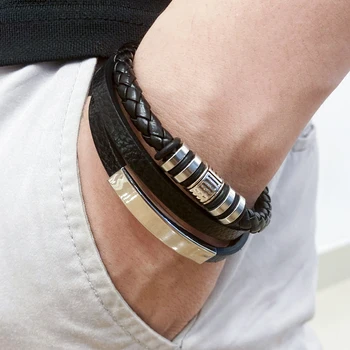Trendige Lederarmbänder für Männer, Edelstahlarmband, 21 cm, mehrschichtige geflochtene Seilarmbänder