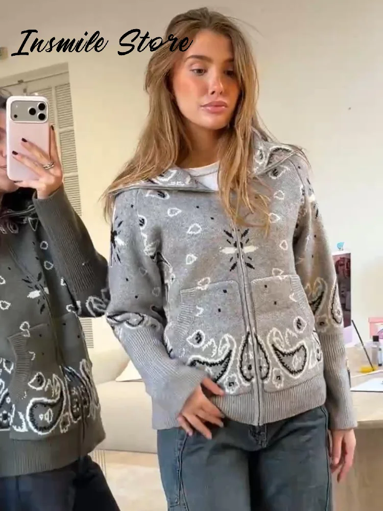 Mode Stricken Jacquard Strickjacke Frauen Grau Stehkragen – Bild 5
