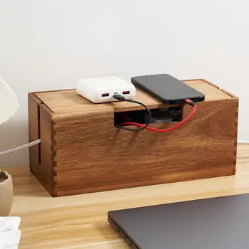 Holz-Kabelbox, Aufbewahrungsbox für Stromkabel, staubdichter Ladegerät- und Steckdosen-Organizer, Kabelbox