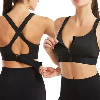 Sport-BHs für Damen, Reißverschluss vorne, verstellbarer Riemen, stoßfest, elastisch, Fitness, sportlicher