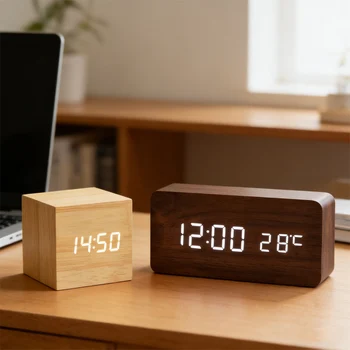 LED-Holzwecker mit Sprachsteuerung, Digitaler Holz-Wecker, USB/AAA-Betriebene Elektronische Tischuhr