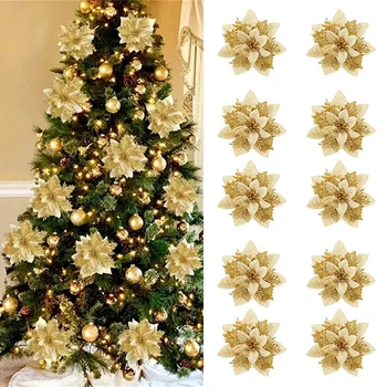 14,5 cm Weihnachtsblumen-Ornamente, rosa, rot, gold, glitzernde künstliche Blumen für Weihnachtsbaum