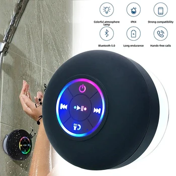 Bluetooth-Lautsprecher, tragbarer kabelloser Mini-LED-Lautsprecher mit Mikrofon, Saugnapf, IPX4, wasserfest