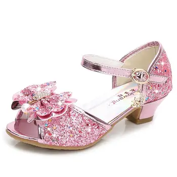 Kinder Prinzessin Sandalen Kinder Mädchen Hochzeit Schuhe High Heels Kleid Schuhe Bowtie Lila Rosa Blau Silber