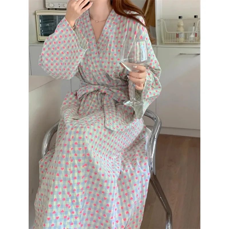 Bademantel Damen Baden Liebe Plaid Lose Langarm Lange Kimono – Bild 4