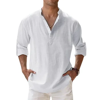Baumwolle Leinen Herren Langarm-Hemden Sommer Einfarbig Henley-Kragen Lässiger Strand-Stil Hawaiianischer
