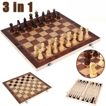 3-in-1-Schachbrett, zusammenklappbares tragbares Schachspielbrett aus Holz, Schachbrett aus Holz