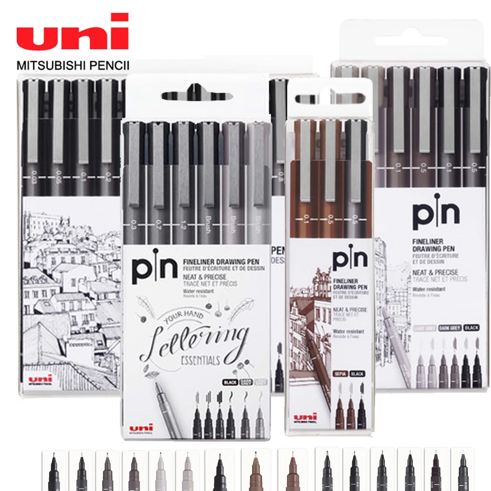 Uni Pin-200 Fineliner Zeichenstift, 3/6/12-teiliges Set