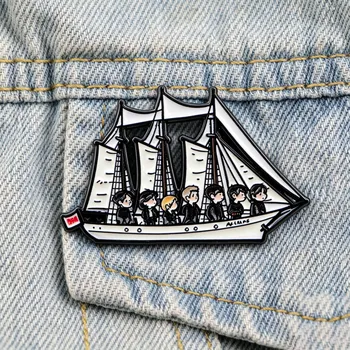 Segelboot-Emaille-Pin: Cartoon-Sechsmänner-Schiff-Reversbrosche, Vintage-Matrosenabzeichen für Jeansjacken