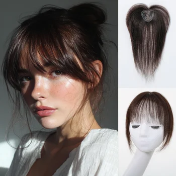 100% Echthaar-Toupet mit Pony Braun 12 Zoll Glattes Clip-In Haarteil für Frauen Einfach zu Tragen
