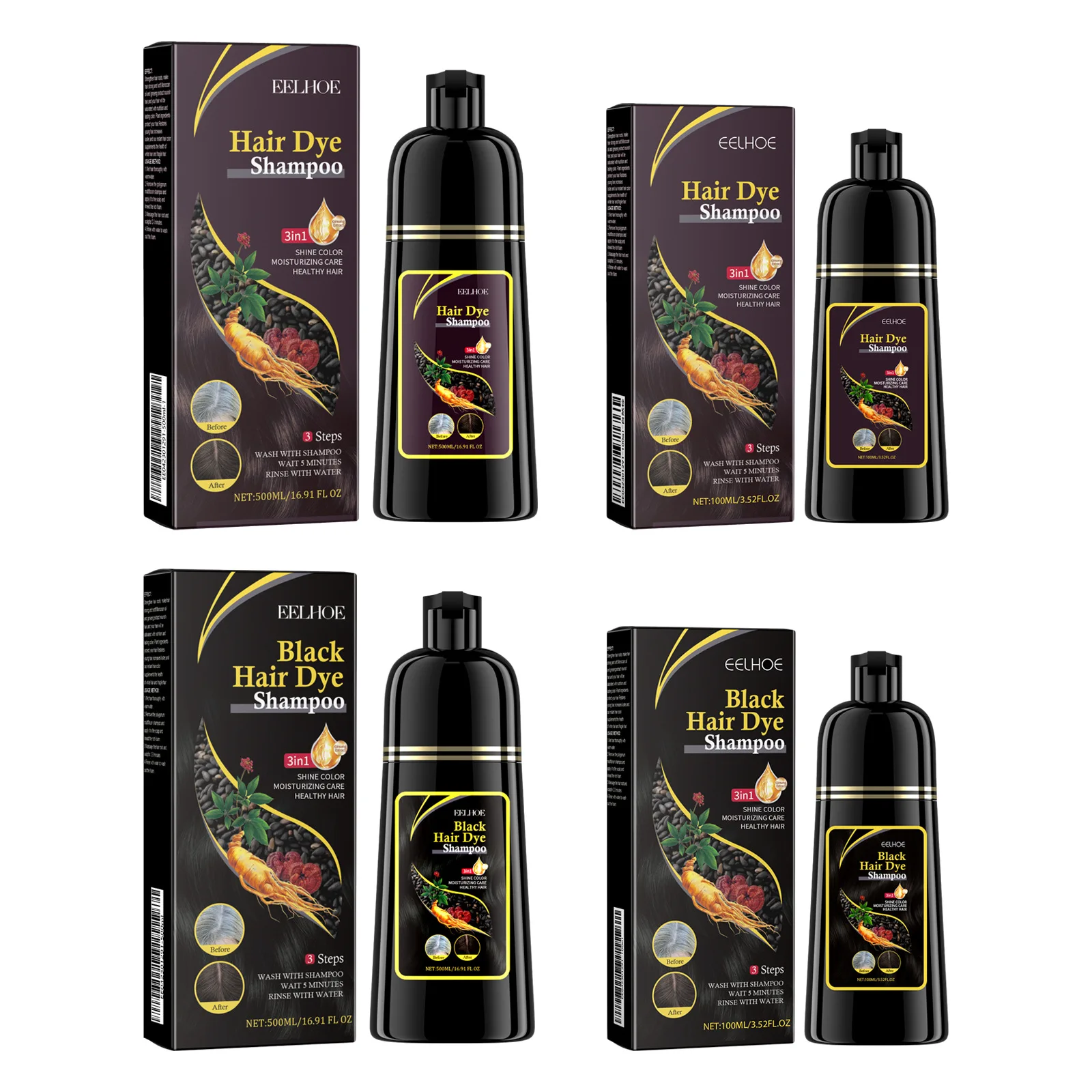 EELHOE Schwarzes Haarfärbe-Shampoo, 3-in-1-Wachstum, sauberes – Bild 2