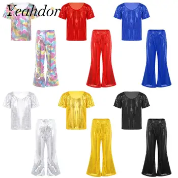 Kinder Jungen Mädchen Hip Hop Jazz Street Dance Outfits Bühnenkostüm Glänzende Pailletten T-shirt Ausgestellte