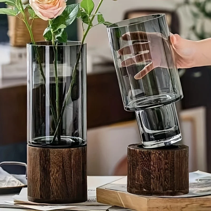 Elegante Glasvase mit Holzsockel für Hydrokulturpflanzen