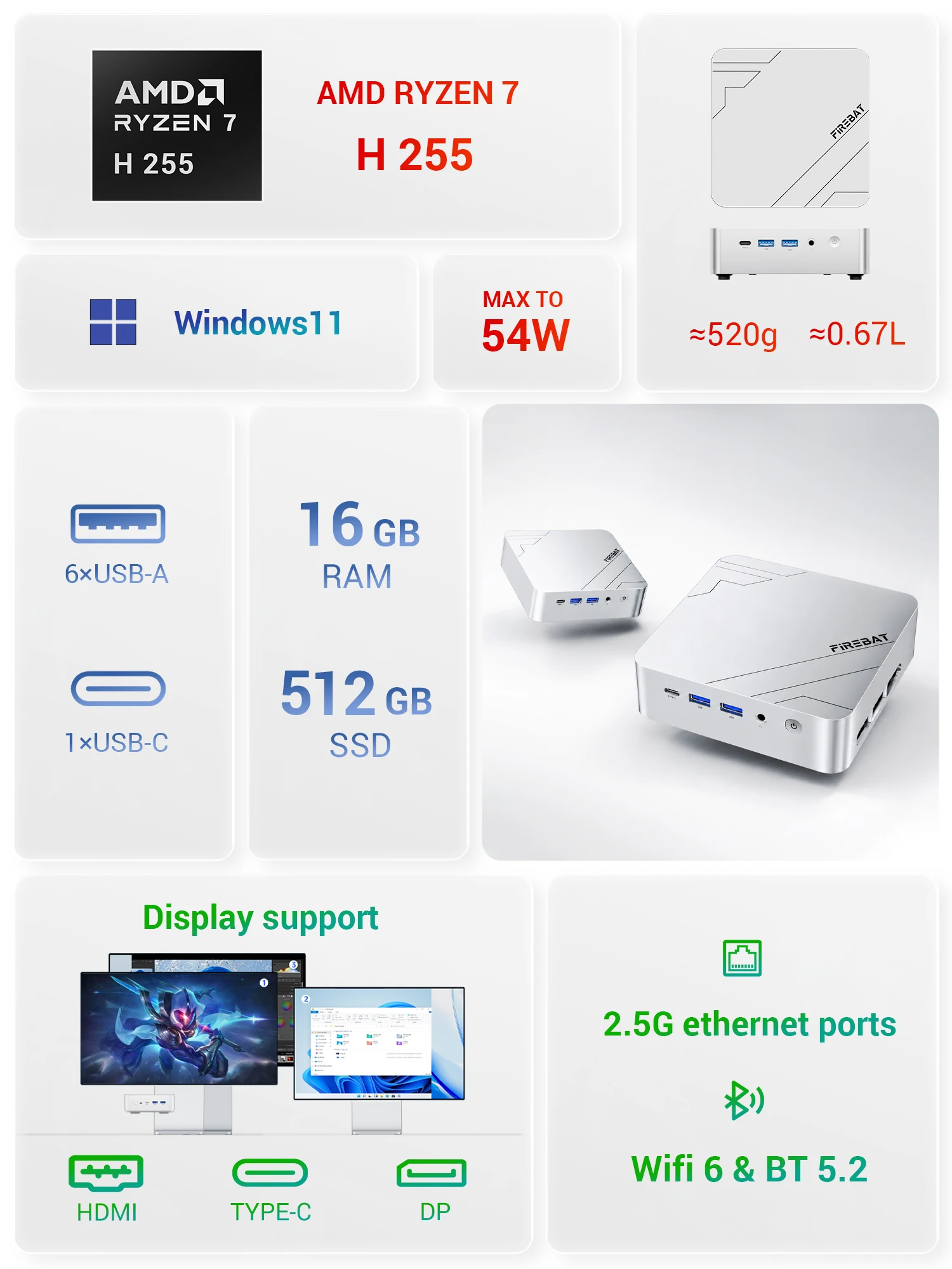 FIREBAT F1 MINI PC AMD Ryzen 7 H255 LPDDR5 16GB RAM 512GB SSD – Bild 2