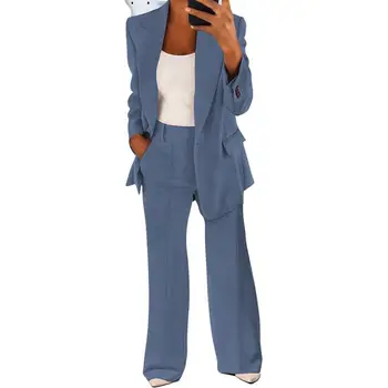 Damen-Sets, zwei 2-teilige Sale, lässige Taschen-Blazer mit einem Knopf, Jacken und hoher elastischer Taille