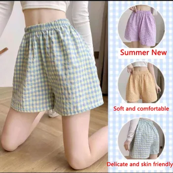 Sommer Home Shorts Damen Hohe Taille Abnehmen Breite Bein Hosen Sport Casual Hosen Lose Plaid Pyjama Hosen