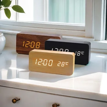 Wecker LED Holzuhr Tischuhr Sprachsteuerung Digital Holz Despertador Elektronische Tischuhren für Zuhause